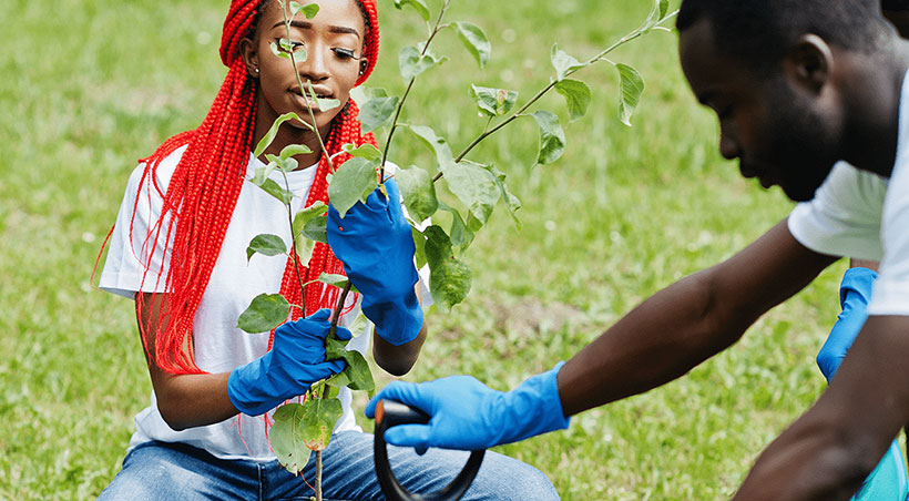 black man and woman planting trees