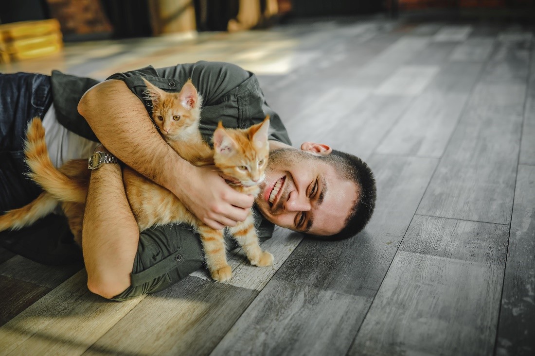 man cuddling on floor with two orange kittens